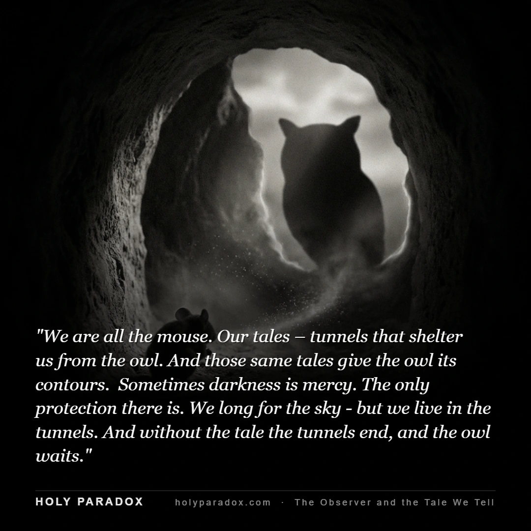 We are all the mouse. Our tales – tunnels that shelter us from the owl. And those same tales give the owl its contours. Sometimes darkness is mercy. The only protection there is. We long for the sky - but we live in the tunnels. And without the tale the tunnels end, and the owl waits.
