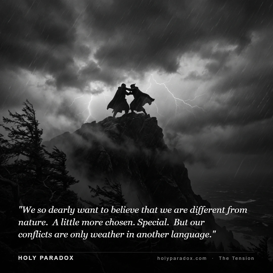 We so dearly want to believe that we are different from nature. A little more chosen. Special. But our conflicts are only weather in another language.