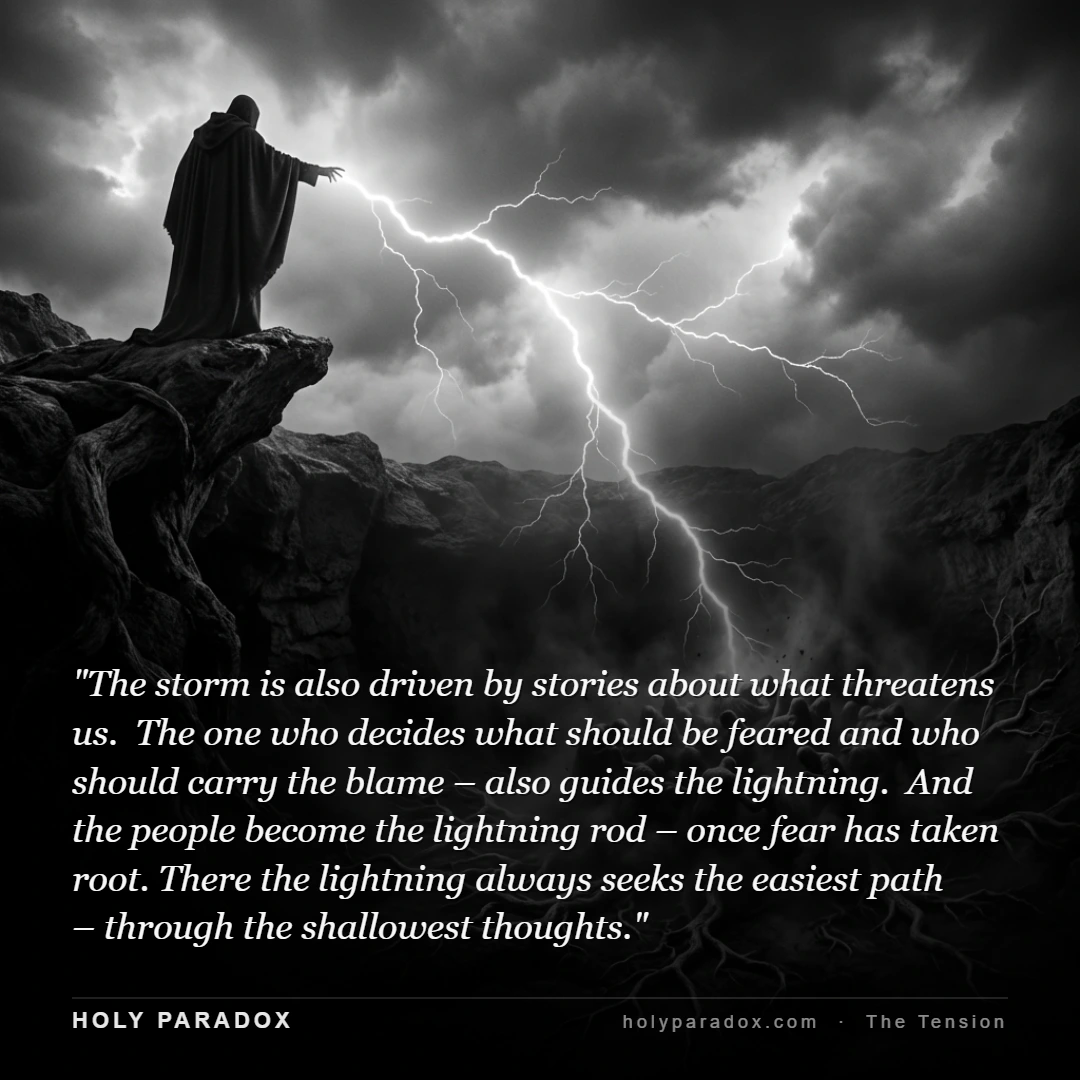 The storm is also driven by stories about what threatens us. The one who decides what should be feared and who should carry the blame – also guides the lightning. And the people become the lightning rod – once fear has taken root. There the lightning always seeks the easiest path – through the shallowest thoughts.