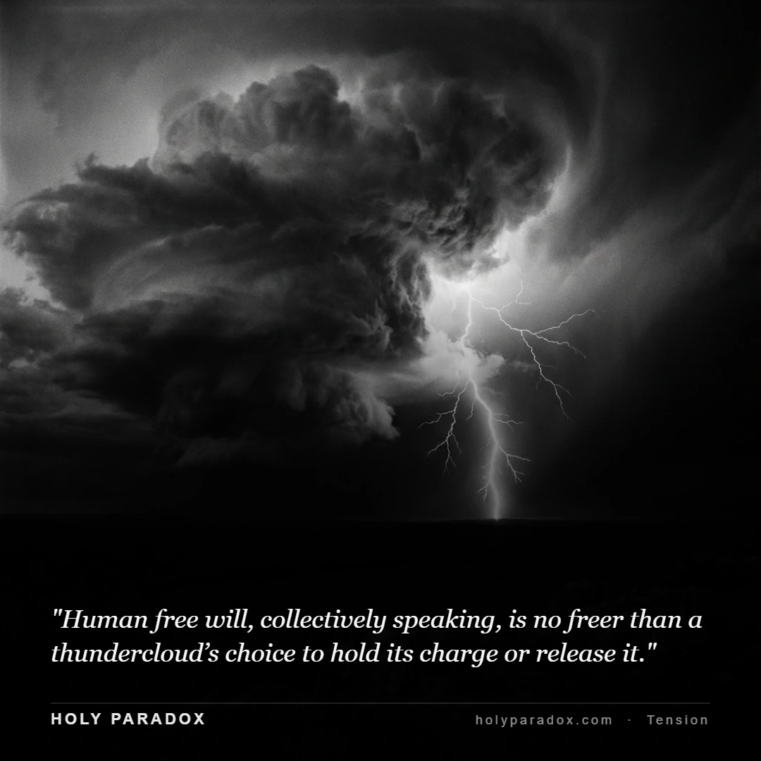 Human free will, collectively speaking, is no freer than a thundercloud’s choice to hold its charge or release it.