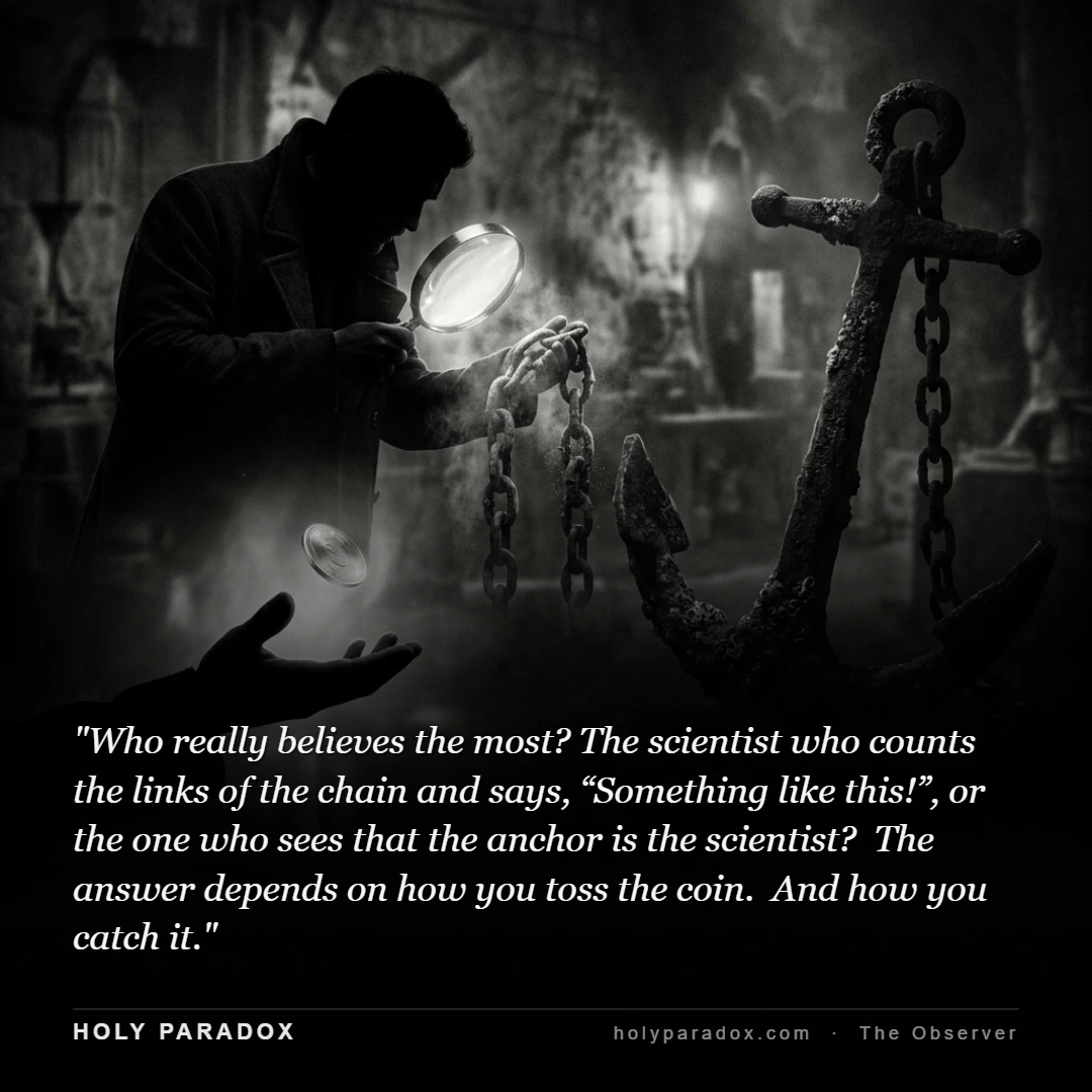 Who really believes the most? The scientist who counts the links of the chain and says, “Something like this!”, or the one who sees that the anchor is the scientist? The answer depends on how you toss the coin. And how you catch it.